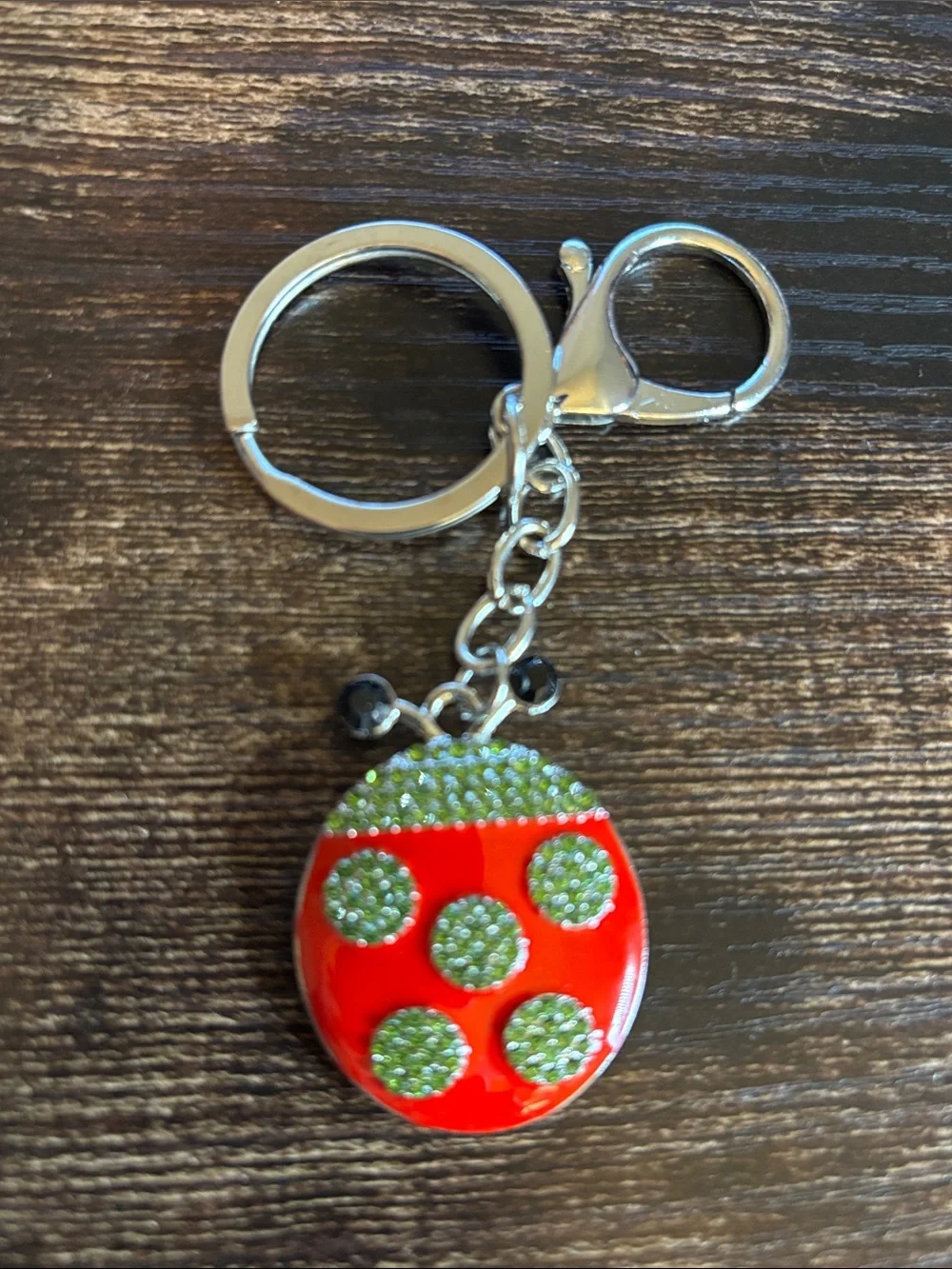 Red‎ and Lime Green Rhinestone Crystal Dot Ladybug Keychain
